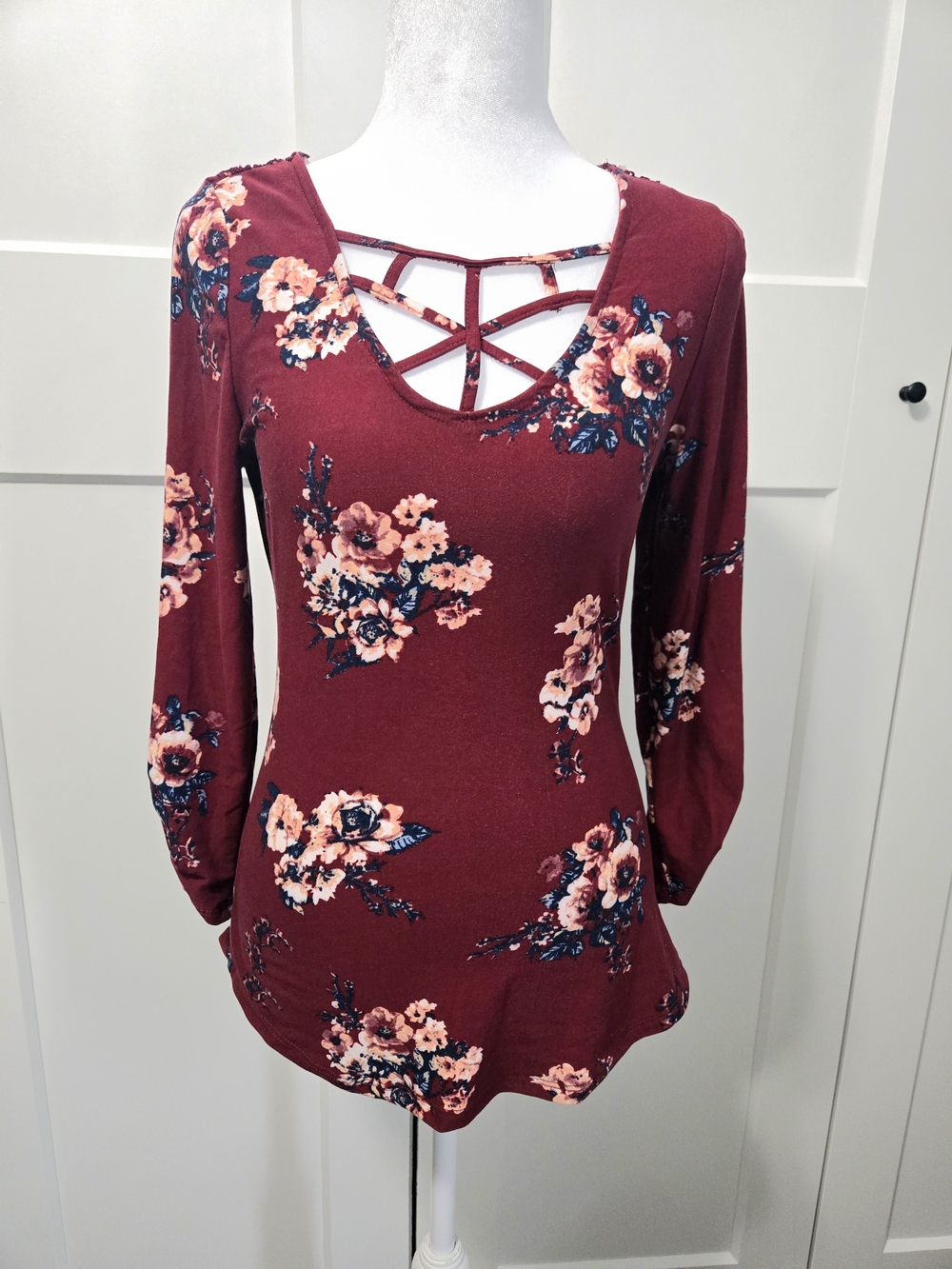 No Boundaries Burgundy Floral Crisscross Long-Sleeve Tee